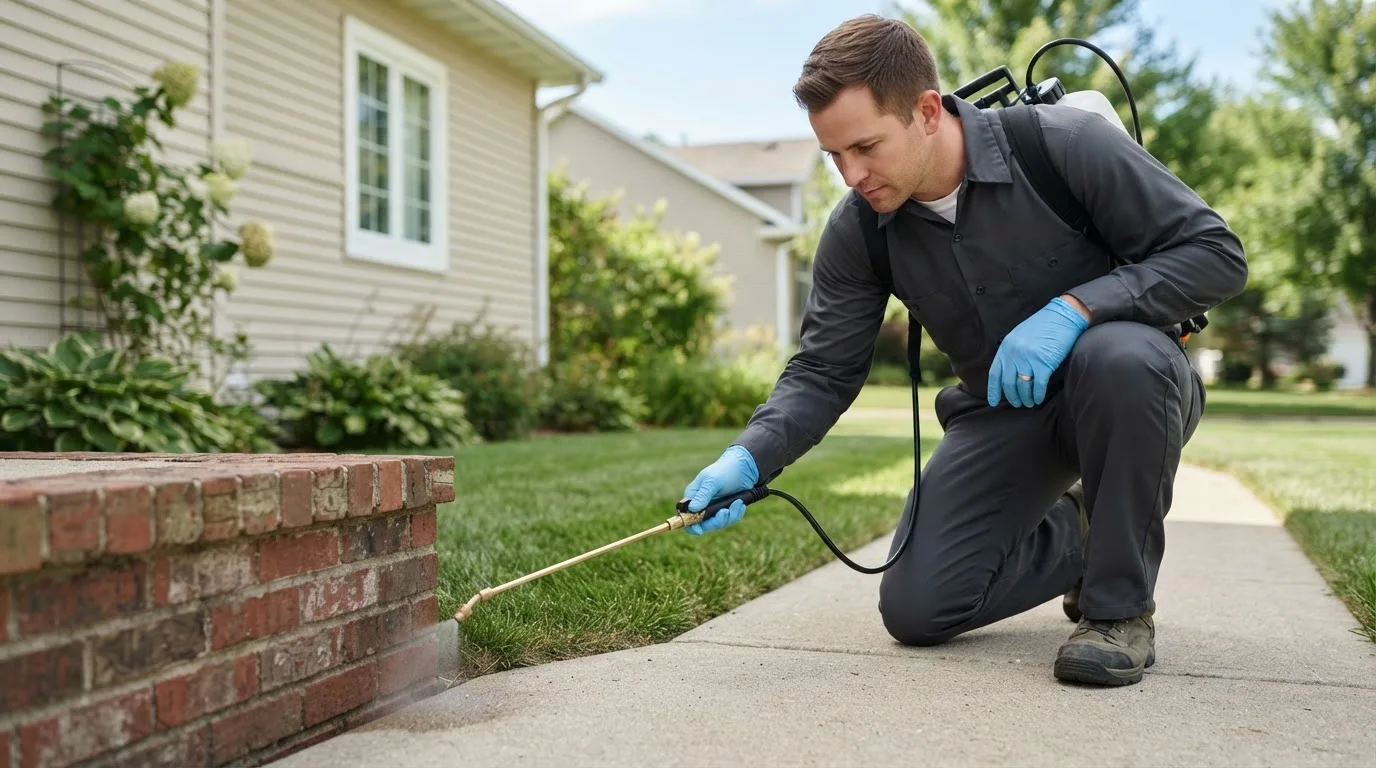 Pest control technician treating a home near Hesston, KS